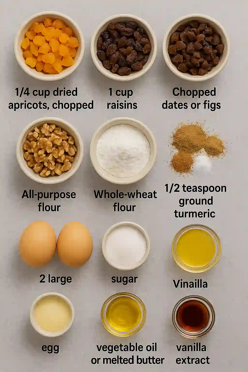 fruit-cake-ingredients-flatlay Flat lay of fruit cake ingredients including eggs, flour, dried fruits, nuts, and spices