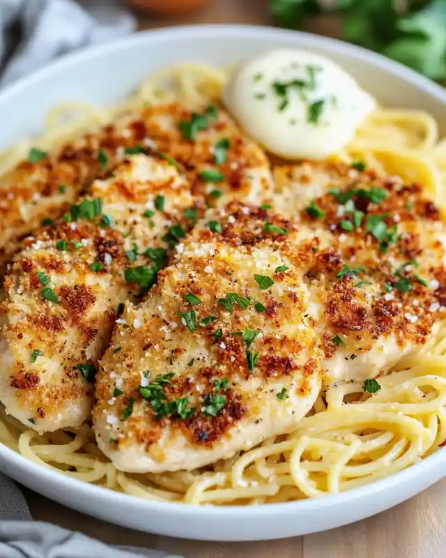 Crispy garlic breaded chicken over spaghetti topped with parsley and a dollop of creamy sauce