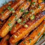 Discover the Sweet and Savory Delight of Honey Garlic Butter Roasted Carrots 3 Glazed roasted carrots with garlic, herbs, and seasoning on a serving dish