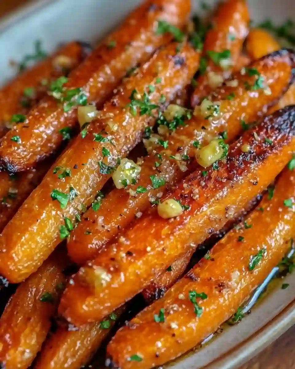 garlic-honey-roasted-carrots Glazed roasted carrots with garlic, herbs, and seasoning on a serving dish