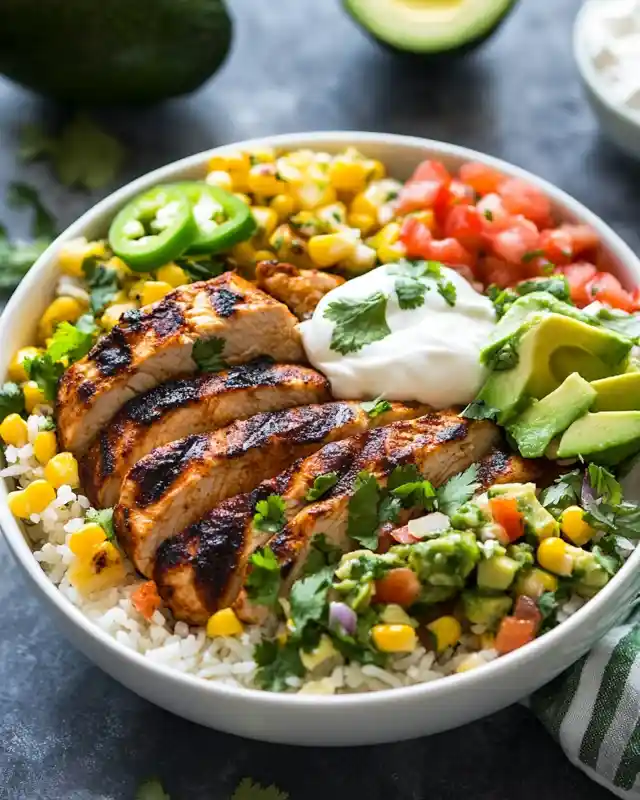 Grilled chicken burrito bowl with avocado, corn, pico de gallo, rice, sour cream, and jalapeños