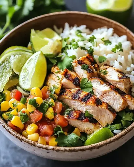 Grilled Chicken Burrito Bowls with Cilantro-Lime Rice 2 Grilled chicken burrito bowl with white rice, corn salsa, cilantro, and lime wedges