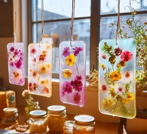 Make Your Own Bioplastic Suncatchers: A Fun and Eco-Friendly Craft 4 Handmade hanging resin art pieces with embedded colorful dried flowers