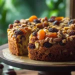 Golden Fruit & Nut Cake Delight 3 Sliced fruit cake topped with dried apricots, raisins, and nuts on a wooden cake stand