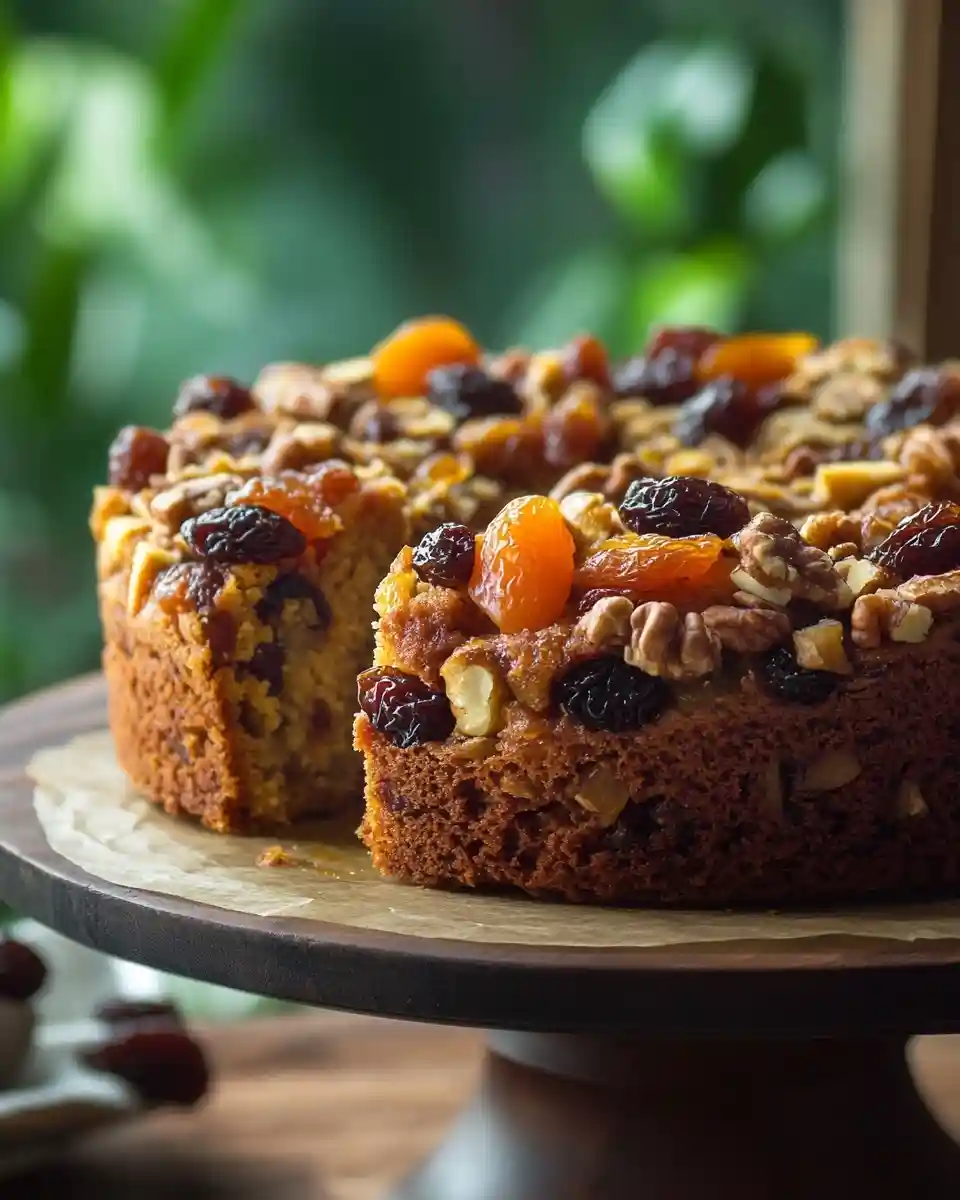 holiday-fruit-cake-dessert Sliced fruit cake topped with dried apricots, raisins, and nuts on a wooden cake stand