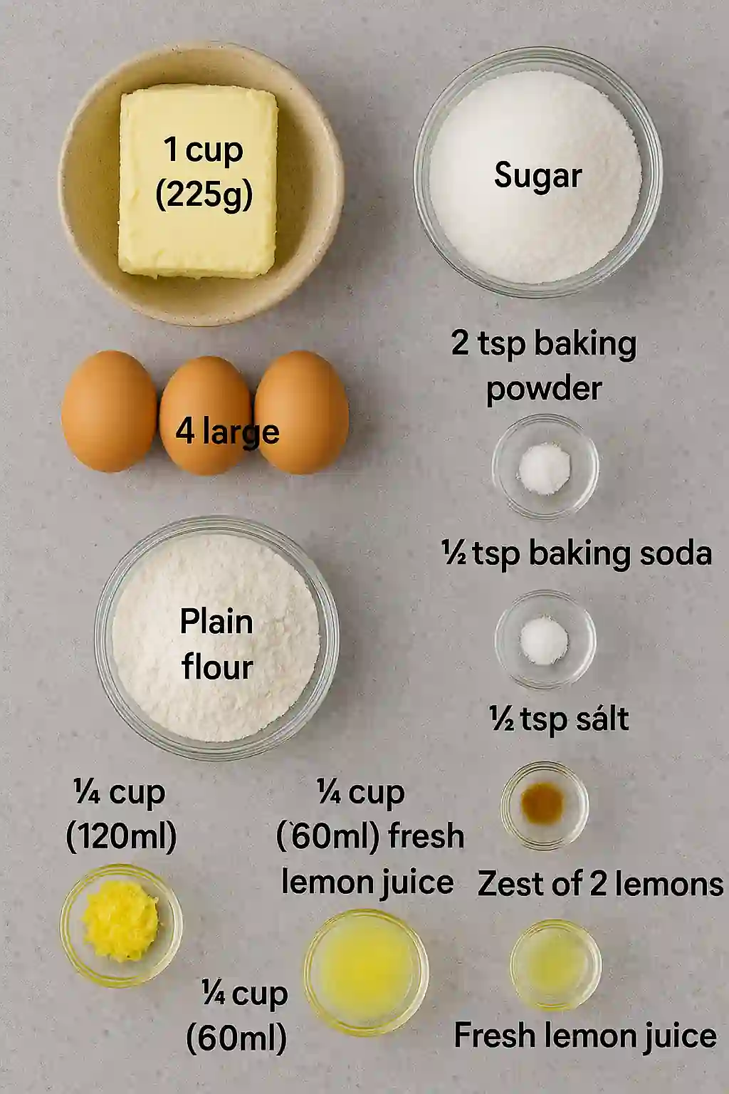 lemon-cake-ingredients Flat lay of lemon cake ingredients including butter, flour, eggs, sugar, lemon juice, and zest
