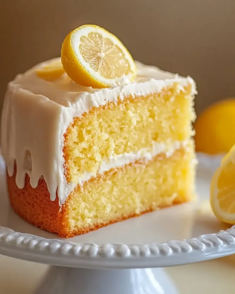 Lemon Layer Cake: A Zesty Delight for Every Occasion 2 Single slice of lemon cake with white frosting and a lemon slice on top