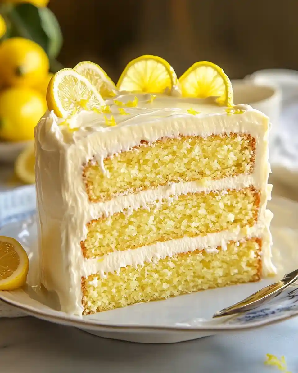 lemon-layer-cake-slice Slice of lemon cake with three layers and creamy frosting, topped with lemon slices