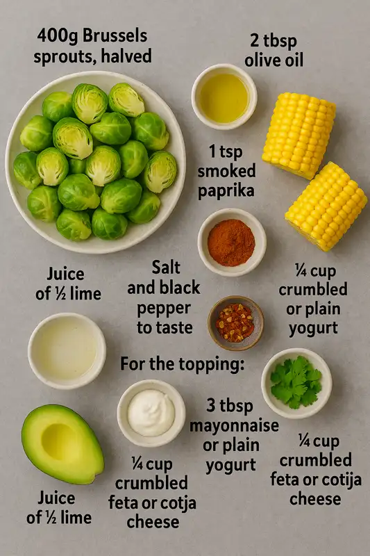Flat lay of Brussels sprouts, corn, avocado, lime, feta, yogurt, and spices for veggie bowl