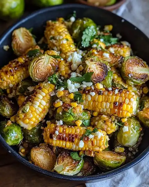 Mexican Street Corn Brussels Sprouts 2 Charred corn and roasted Brussels sprouts topped with cotija cheese and herbs