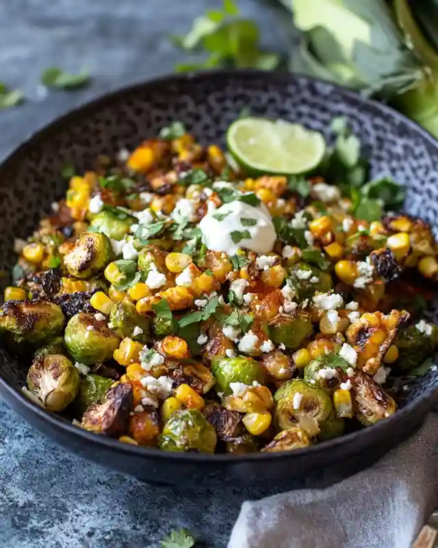 Roasted Brussels sprouts and corn with feta, sour cream, lime, and cilantro in a dark bowl