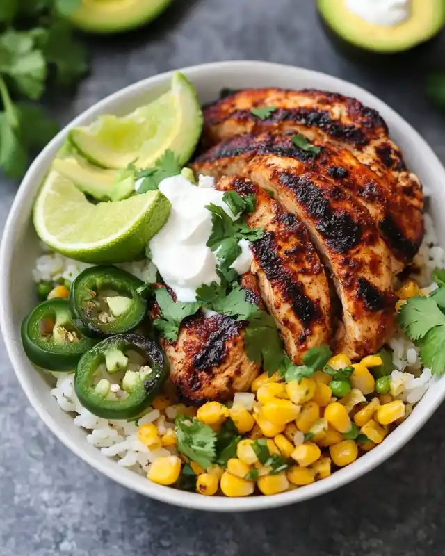  Bowl of spicy grilled chicken over cilantro rice with corn, jalapeños, sour cream, lime, and avocado