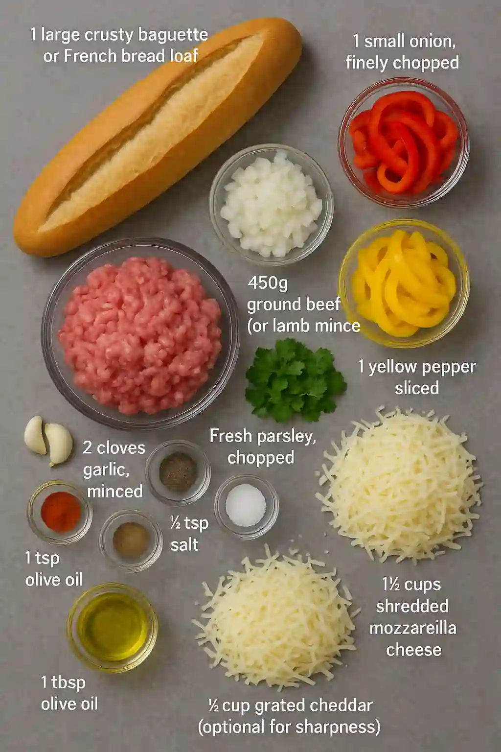 Flat lay of ingredients for stuffed bread including ground beef, peppers, cheese, onion, and baguette