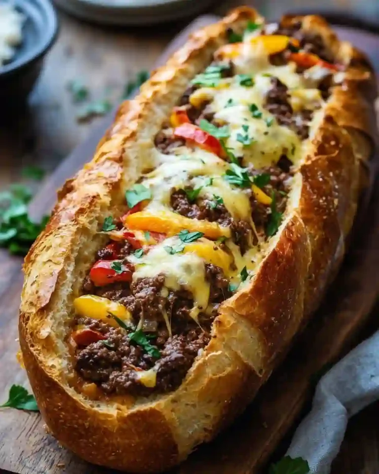 Crusty bread loaf stuffed with ground beef, melted cheese, and bell peppers