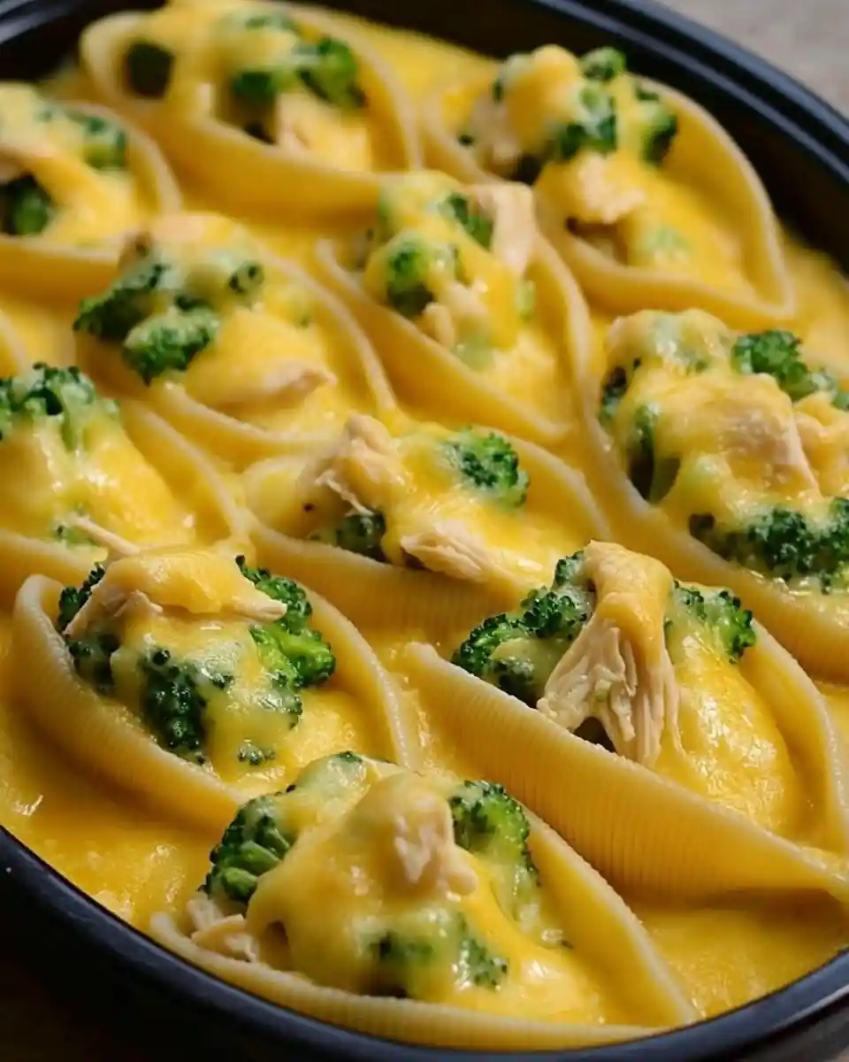 Baked pasta shells stuffed with chicken and broccoli in a cheesy sauce Large pasta shells filled with broccoli, chicken, and melted cheese