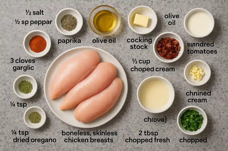 Raw chicken breasts with garlic, spices, sun-dried tomatoes, cream, and herbs for Tuscan chicken