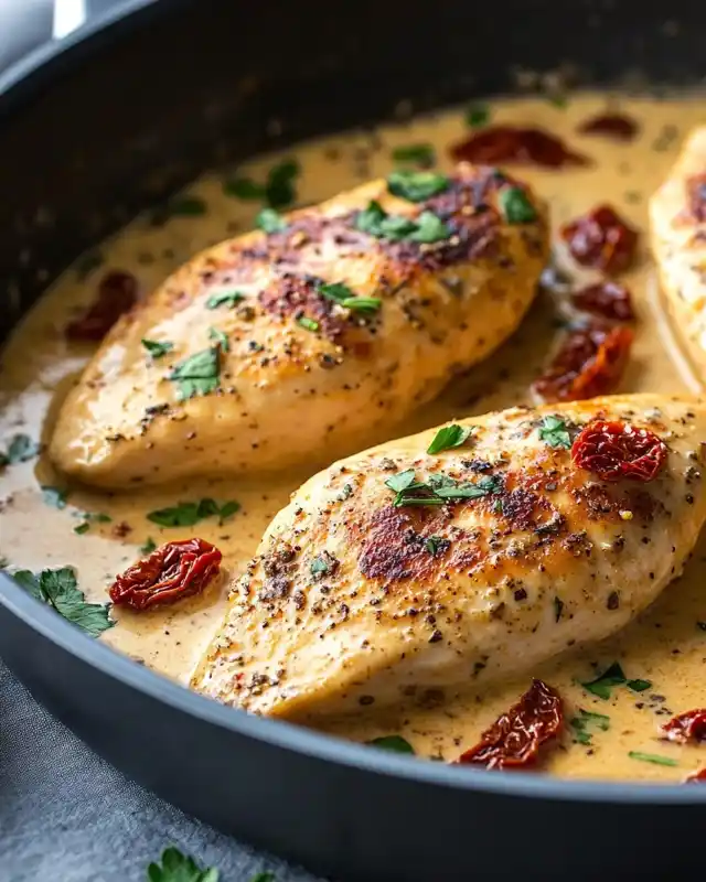 Seared chicken breasts in creamy Tuscan garlic sauce with herbs and sun-dried tomatoes