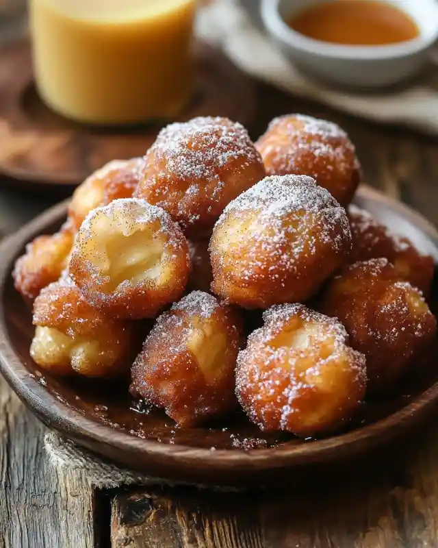  Custard-filled sugar donuts stacked on a wooden plate with dipping sauces in the background