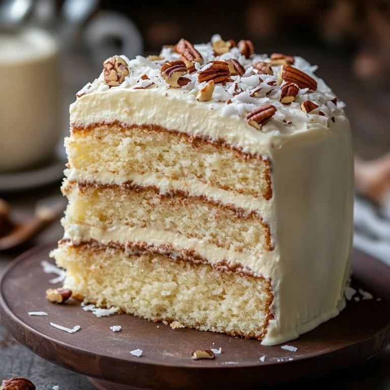 White German Chocolate Cake: A Dreamy, Coconut-Pecan Delight 2 Slice of vanilla layer cake with creamy buttercream frosting, pecan pieces, and coconut flakes
