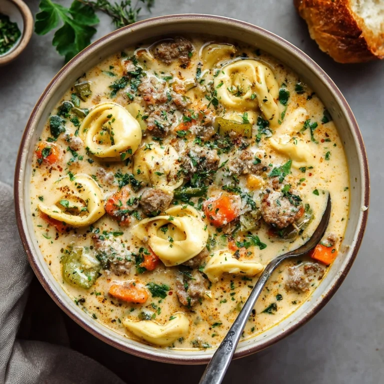 Creamy Tortellini & Sausage Soup – Rich, Hearty, and Comforting! 2 Creamy Tortellini and Sausage Soup in White Bowl