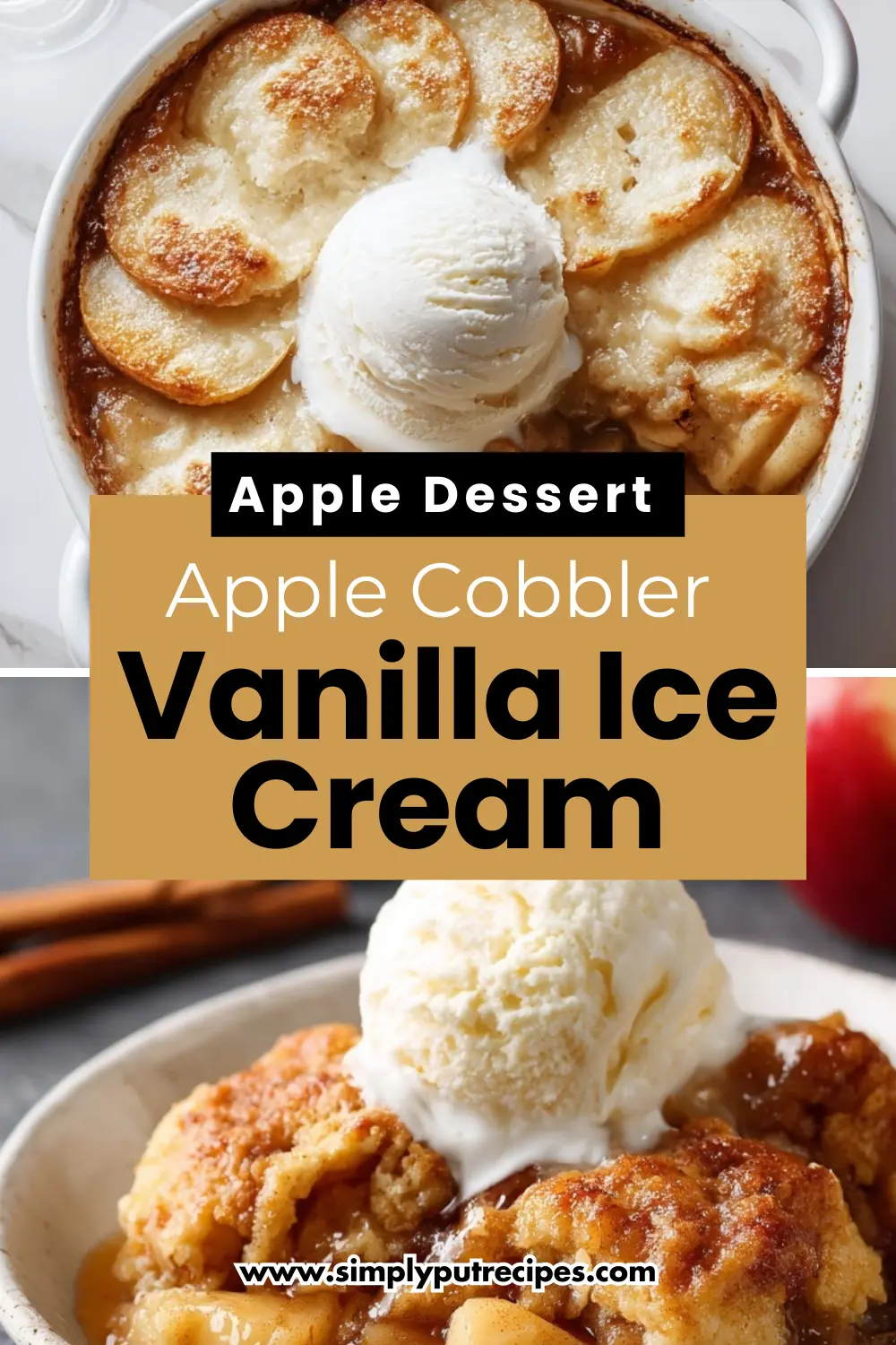 Cobbler with Vanilla Ice Cream – Recipe Promotion Promotional graphic showing apple cobbler topped with vanilla ice cream
