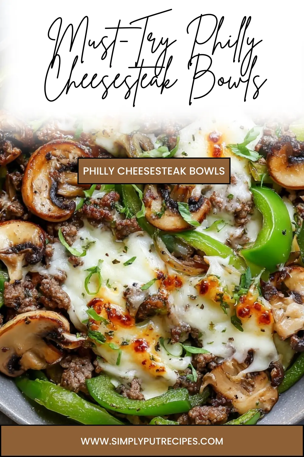 Must-Try Philly Cheesesteak Bowls – Easy & Flavorful Recipe Skillet of Philly cheesesteak bowls with melted cheese, bell peppers, mushrooms, and ground beef