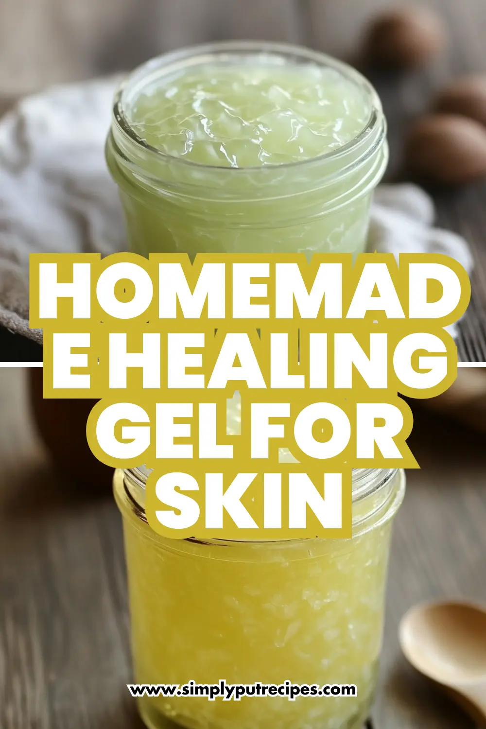 Homemade Healing Gel for Skin with Natural Ingredients Glass jars of homemade aloe vera healing gel for skin care on rustic table