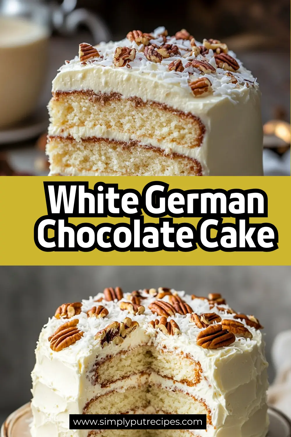 White German Chocolate Cake with Coconut and Pecans White German chocolate cake with layers of vanilla sponge, creamy frosting, coconut flakes, and pecans