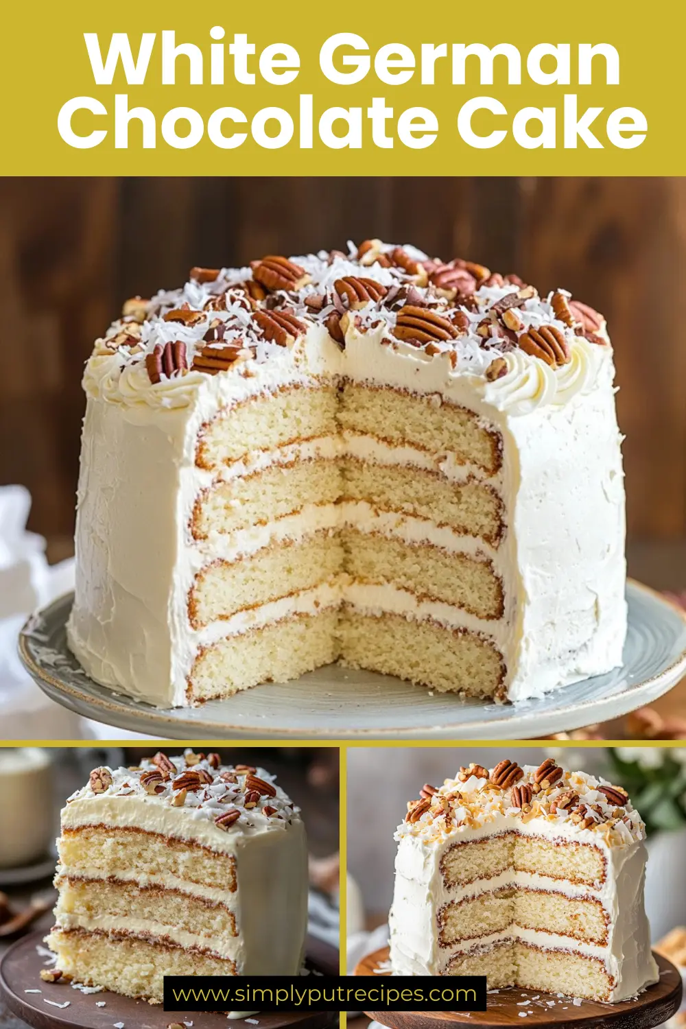 White German Chocolate Cake with Coconut and Pecans White German chocolate cake with layers of vanilla sponge, creamy frosting, coconut flakes, and pecans