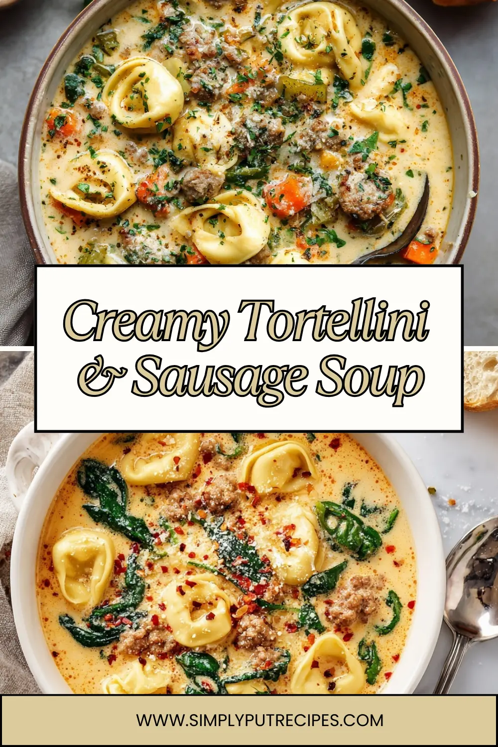 Creamy Tortellini & Sausage Soup Collage – Cozy Fall Recipes A collage of creamy tortellini and sausage soup bowls with spinach and spices
