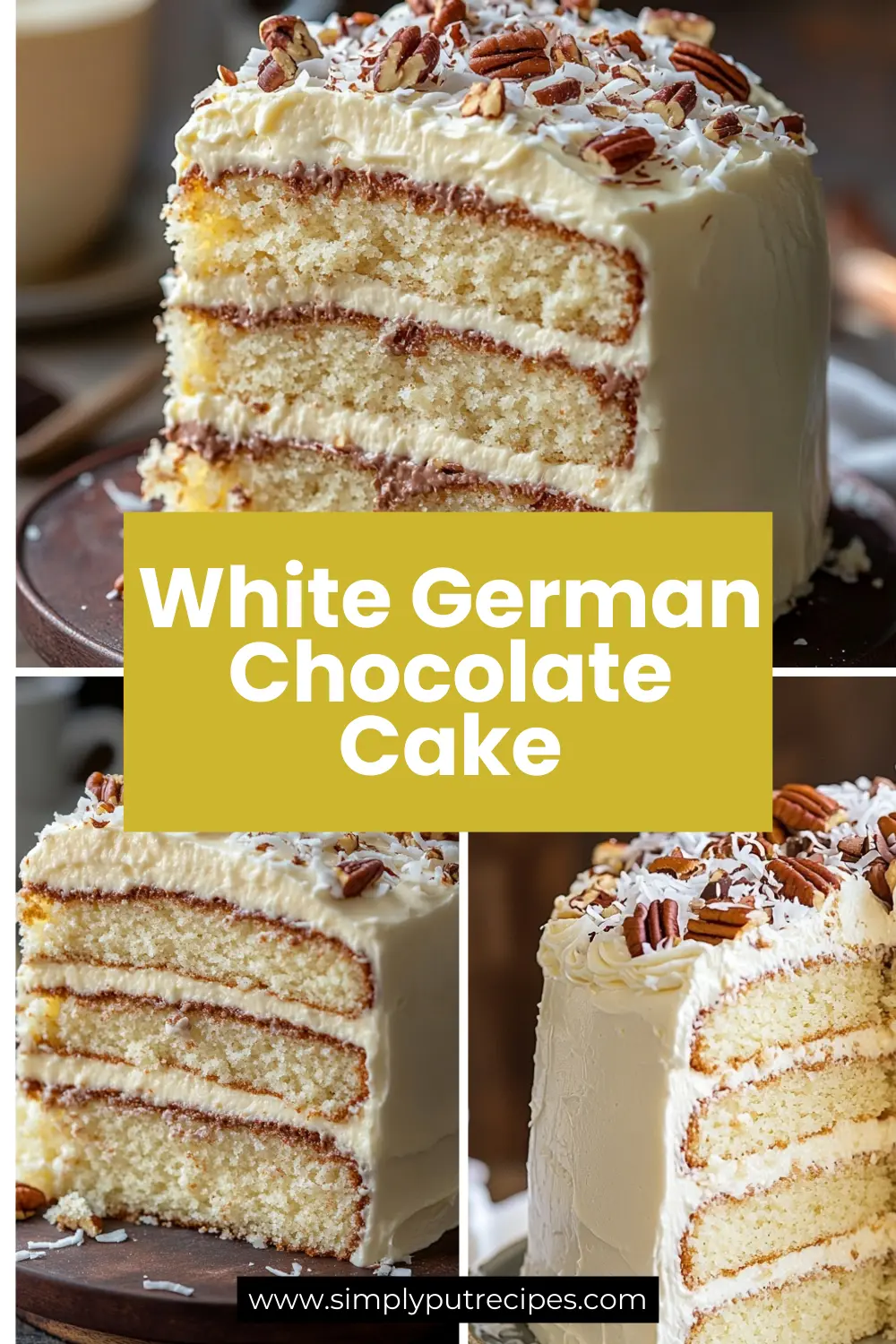 White German Chocolate Cake with Coconut and Pecans White German chocolate cake with layers of vanilla sponge, creamy frosting, coconut flakes, and pecans