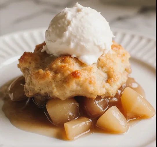 apple-cobbler-biscuit-ice-cream Plated apple cobbler with biscuit topping and a scoop of vanilla ice cream