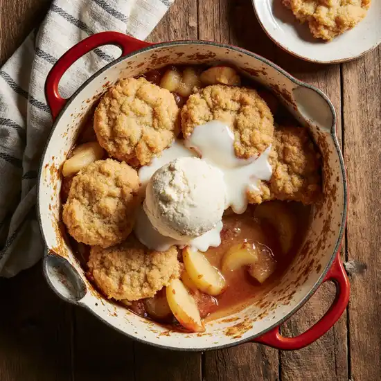 The Best & Easy Apple Cobbler – Warm, Cozy, and Comforting! 2 Apple cobbler topped with biscuits and vanilla ice creaApple cobbler topped with biscuits and vanilla ice cream in a rustic red dishm in a rustic red dish