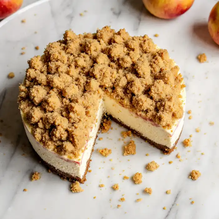 apple-crumble-cheesecake-slice Apple crumble cheesecake with crumb topping and slice cut out