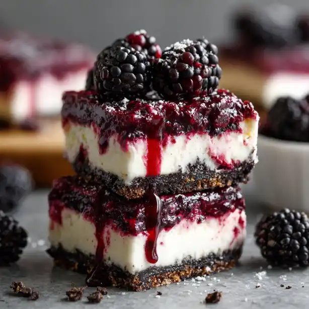 blackberry-cheesecake-bars-stack (1) Stack of blackberry cheesecake bars with Oreo crust and blackberry topping
