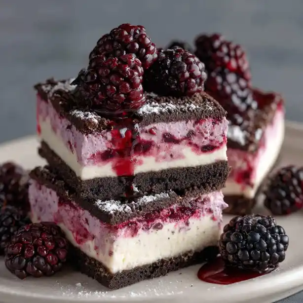 blackberry-cheesecake-bars Blackberry cheesecake bars with chocolate crust and fresh blackberries on top