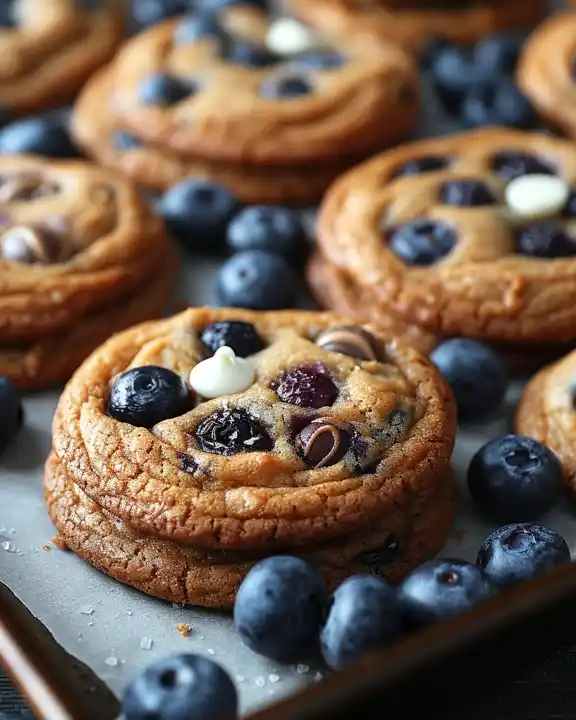 blueberry-cookies-stack Stack of blueberry cookies with melted white and dark chocolate chips