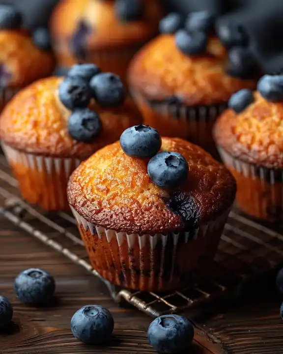 blueberry-muffins-homemade Homemade blueberry muffin with golden top and fresh blueberries on a cooling rack