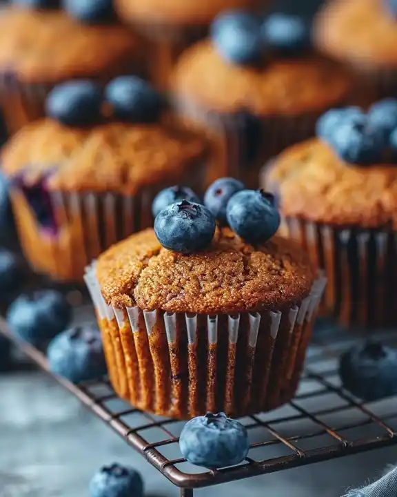 Power-Packed Blueberry Protein Muffins 2 Freshly baked blueberry muffins topped with blueberries on a cooling rack