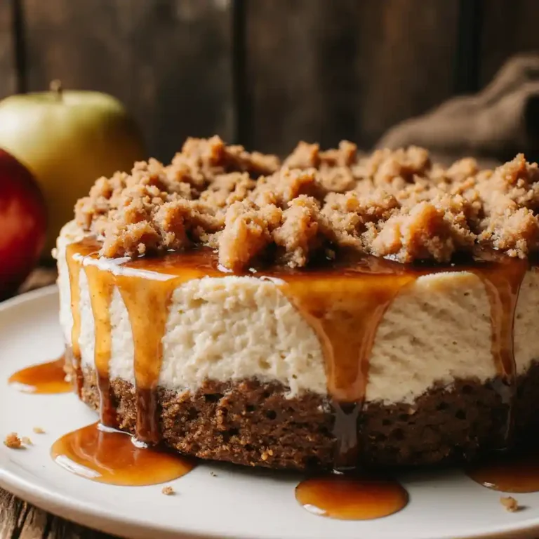 Apple Crumble Cheesecake – Creamy, Crunchy & Irresistibly Sweet! 2 Rich caramel apple crumble cheesecake with crumb topping and drizzle