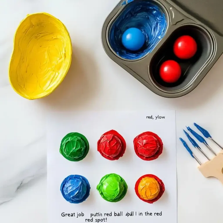 Color Sorting Game with Muffin Tins: A Fun and Educational Toddler Activity 2 Educational color sorting activity with red, blue, green, and yellow balls and paint