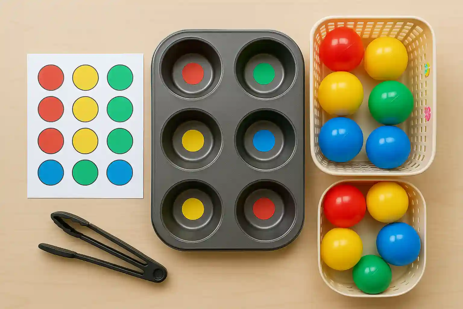 color-sorting-muffin-tin-activity Color matching game for kids using muffin tin, tongs, and colorful balls