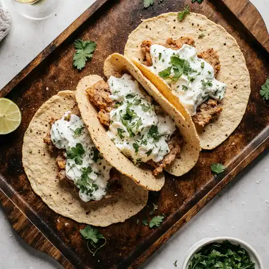 fish-tacos-creamy-slaw Fish tacos topped with creamy slaw and fresh cilantro on a wooden tray
