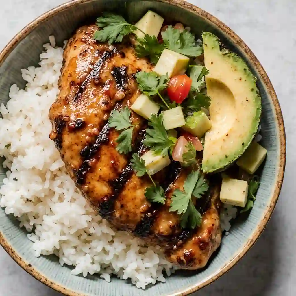 Grilled Chicken Rice Bowl with Avocado and Fresh Salsa