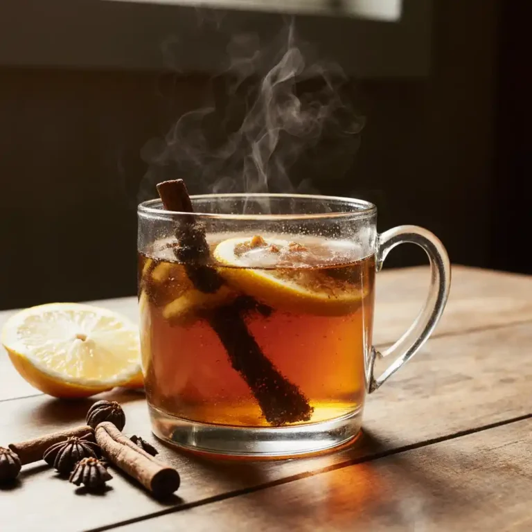 Spiced Morning Tea – Comforting Herbal Infusion 2 Steaming hot lemon tea with cinnamon stick and spices in a glass mug