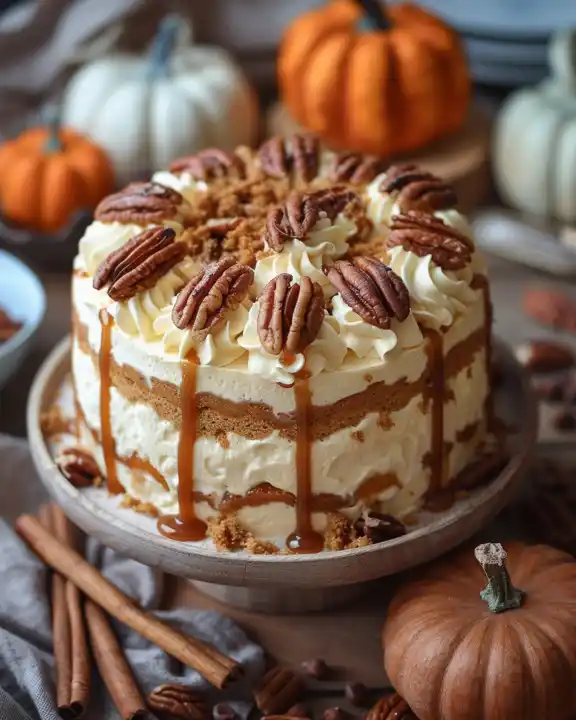 pecan-caramel-cake-frosting Whole pecan caramel cake with piped buttercream frosting, pecans, and caramel drizzle