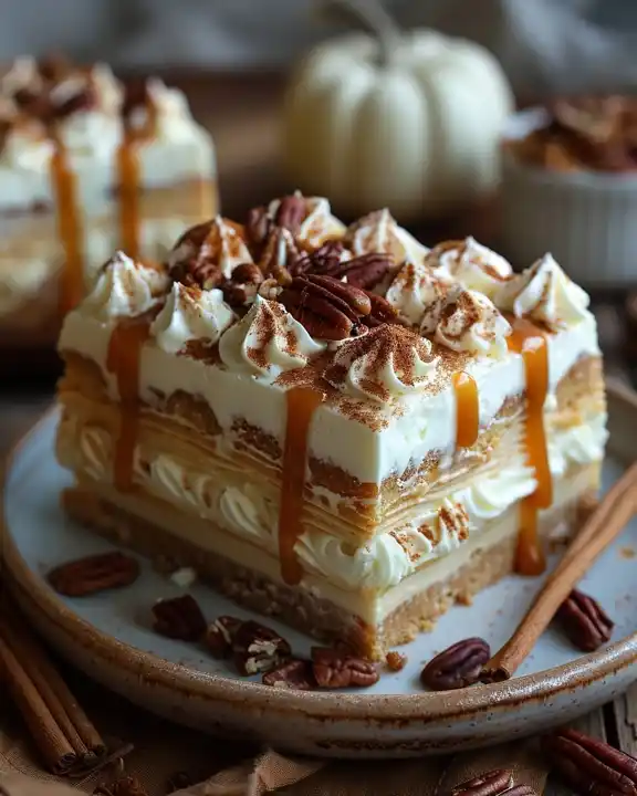 Pumpkin Cream Dream Layer Cake 2 ayered pecan caramel cake with cream cheese frosting, pecans, and caramel drizzle