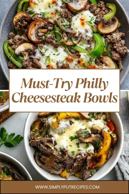 philly-cheesesteak-bowls-collage Collage of Philly cheesesteak bowls with melted cheese, peppers, mushrooms, and beef