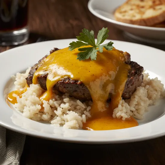salisbury-steak-rice-gravy-plate salisbury steak rice gravy plate