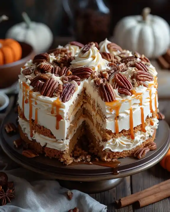 whole-pecan-caramel-cake (1) Whole pecan caramel cake with cream cheese frosting, pecans, and caramel drizzle